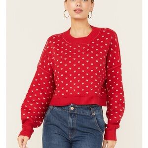 Free People Red Cropped Heart-Pattern Sweater